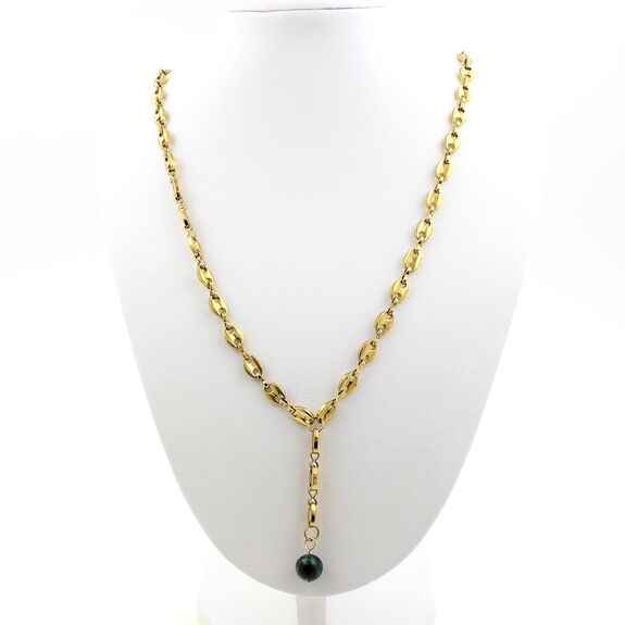 Collier 1 Perle Emeraude de Zambie 8 mm chaine (5,5x7mm) en acier doré inoxydable.