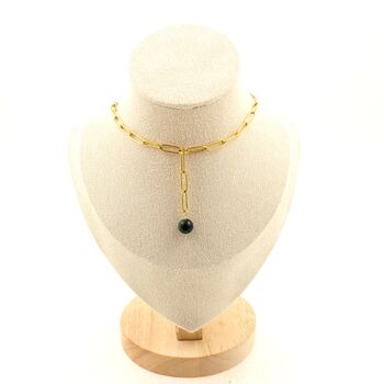 Collier 1 Perle Emeraude de Zambie 8 mm chaine (4x11mm) en acier doré inoxydable.