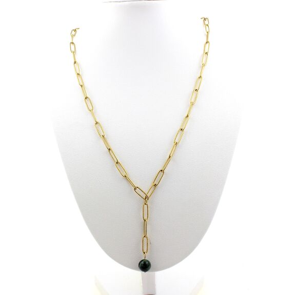 Collier 1 Perle Emeraude de Zambie 8 mm chaine (4x11mm) en acier doré inoxydable.