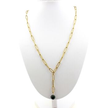 Collier 1 Perle Emeraude de Zambie 8 mm chaine (4x11mm) en acier doré inoxydable.