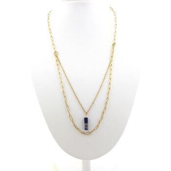 Collier 1 Perle Lapis Lazuli 4x13mm cylindre double chaine (1 & 2x5mm) en acier doré inoxydable.