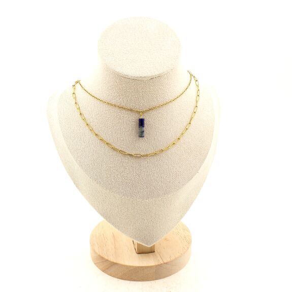 Collier 1 Perle Lapis Lazuli 4x13mm cylindre double chaine (1 & 2x5mm) en acier doré inoxydable.