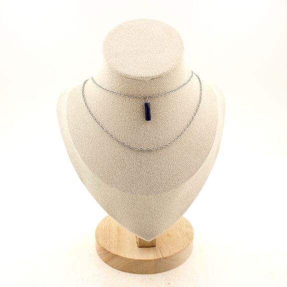 Collier 1 Perle Lapis Lazuli 4x13mm cylindre double chaine (1 & 2x5mm) en acier inoxydable.