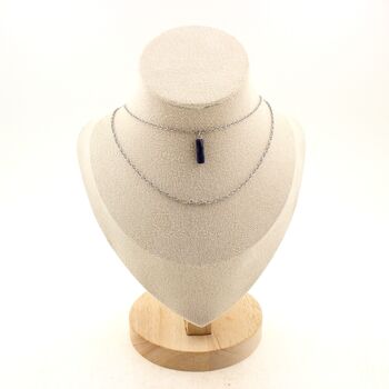 Collier 1 Perle Lapis Lazuli 4x13mm cylindre double chaine (1 & 2x5mm) en acier inoxydable.