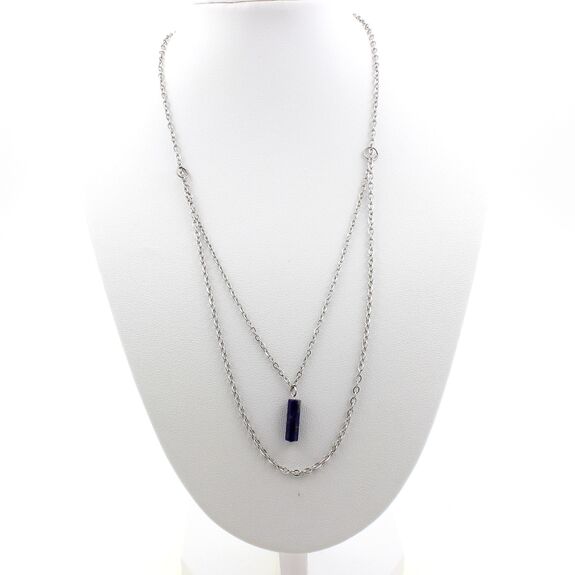 Collier 1 Perle Lapis Lazuli 4x13mm cylindre double chaine (1 & 2x5mm) en acier inoxydable.