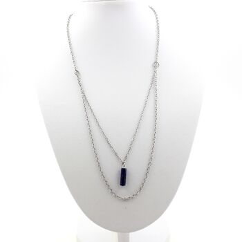 Collier 1 Perle Lapis Lazuli 4x13mm cylindre double chaine (1 & 2x5mm) en acier inoxydable.
