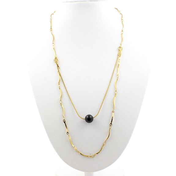 Collier 1 Perle Tourmaline Schorl du Brésil 8 mm double chaine (1x15 mm) en acier doré inoxydable.