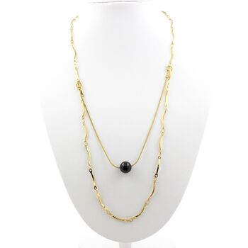 Collier 1 Perle Tourmaline Schorl du Brésil 8 mm double chaine (1x15 mm) en acier doré inoxydable.