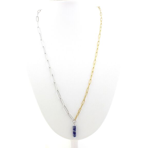 Collier 1 Perle Lapis Lazuli 4x13mm cylindre double chaine 2 tons (2,5x6,5 & 3,5x11mm) en acier doré inoxydable.