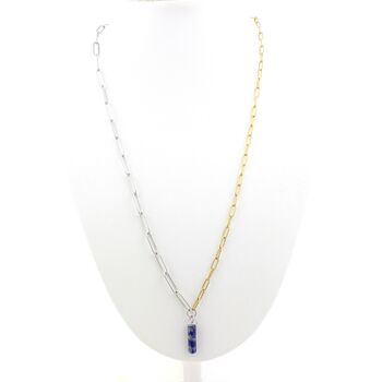 Collier 1 Perle Lapis Lazuli 4x13mm cylindre double chaine 2 tons (2,5x6,5 & 3,5x11mm) en acier doré inoxydable.