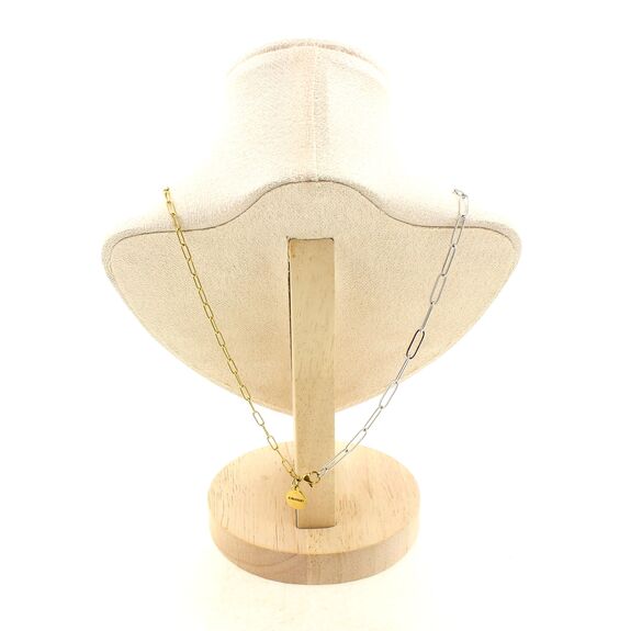 Collier 1 Perle Lapis Lazuli 4x13mm cylindre double chaine 2 tons (2,5x6,5 & 3,5x11mm) en acier doré inoxydable.