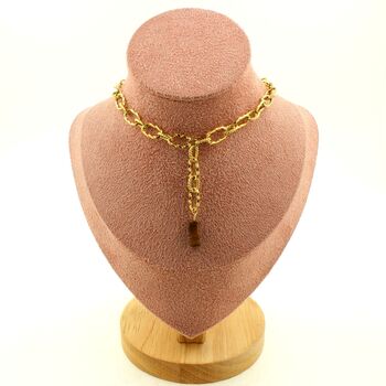 Collier 1 Perle Oeil de Tigre rectangle 13 mm chaine (7x11mm) en acier doré inoxydable.