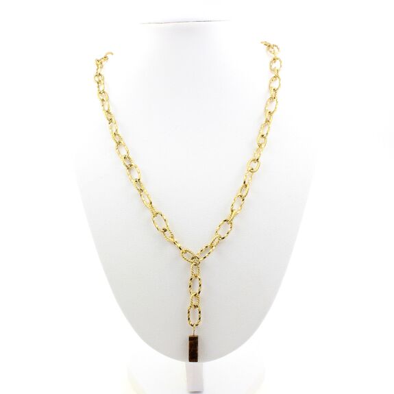 Collier 1 Perle Oeil de Tigre rectangle 13 mm chaine (7x11mm) en acier doré inoxydable.