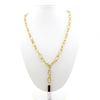 Collier 1 Perle Oeil de Tigre rectangle 13 mm chaine (7x11mm) en acier doré inoxydable.