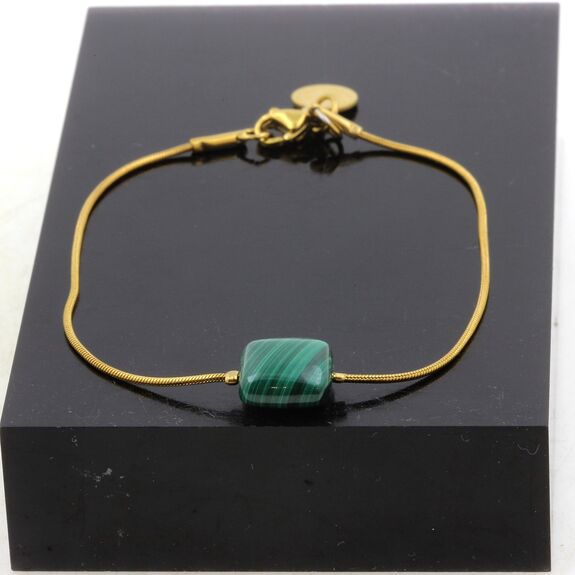 Bracelet en acier doré inoxydable 1 Perle Malachite carré 10 mm.