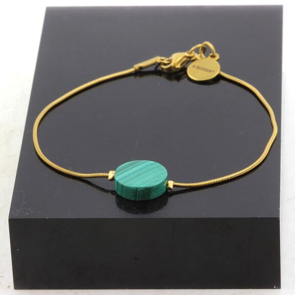 Golden Stainless steel bracelet 1 Malachite round flat 12 mm Bead.