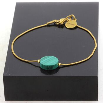 Golden Stainless steel bracelet 1 Malachite round flat 12 mm Bead.