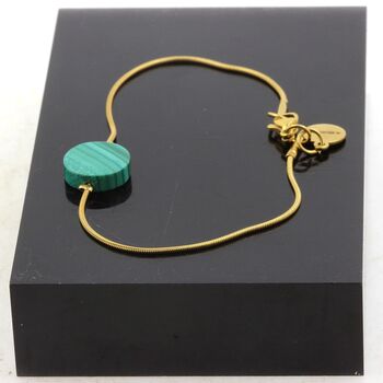 Golden Stainless steel bracelet 1 Malachite round flat 12 mm Bead.