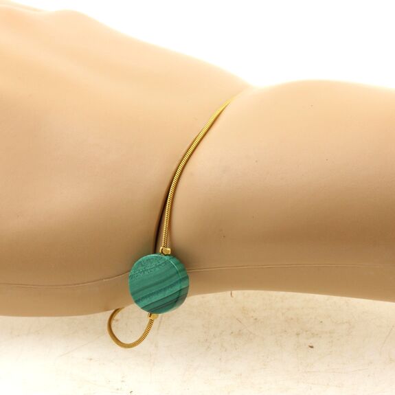 Golden Stainless steel bracelet 1 Malachite round flat 12 mm Bead.