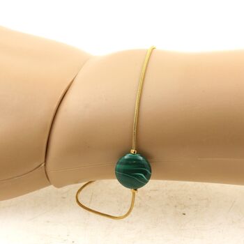 Bracelet en acier doré inoxydable 1 Perle Malachite ronde 12 mm.