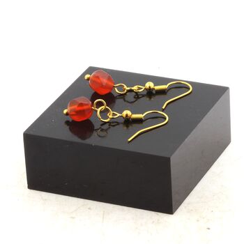 Golden Stainless steel Earrings Carnelian 8mm faceted diamond shape 1 Bead.