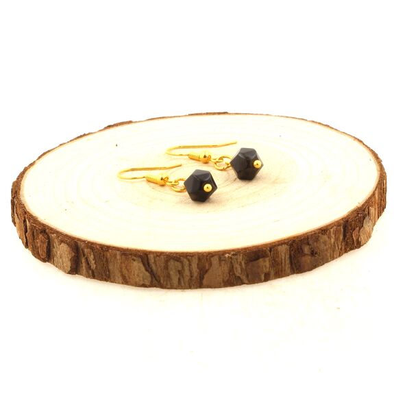 Golden Stainless steel Earrings Obsidian 8mm faceted diamond shape 1 Bead.