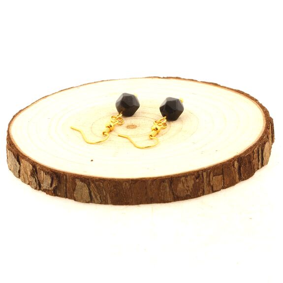 Golden Stainless steel Earrings Obsidian 8mm faceted diamond shape 1 Bead.