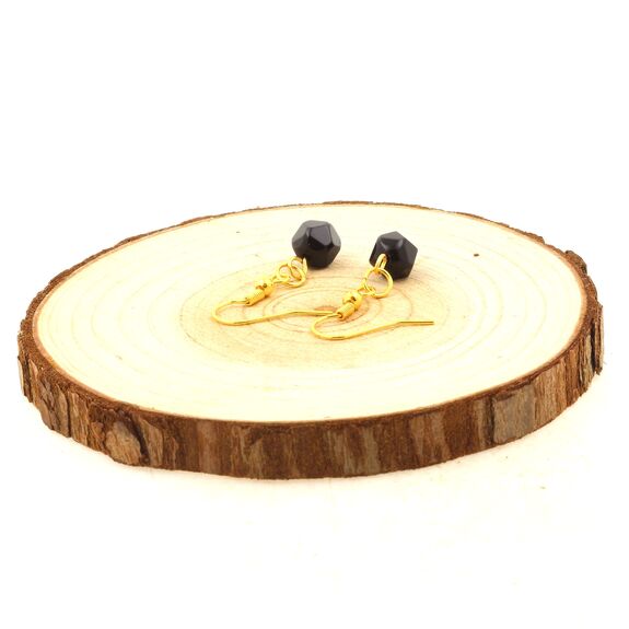 Golden Stainless steel Earrings Black Onyx 8mm faceted diamond shape 1 Bead.