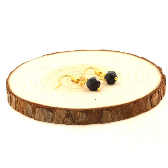 Golden Stainless steel Earrings Black Onyx 8mm faceted diamond shape 1 Bead.