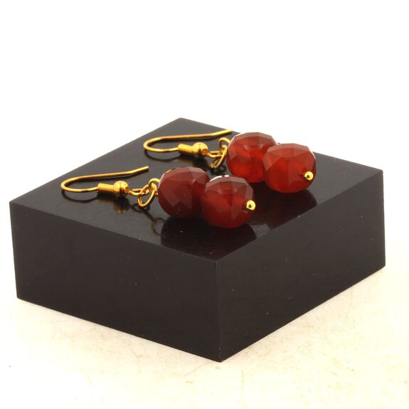 Golden Stainless steel Earrings red Agate 8mm faceted cube shape 2 Beads.