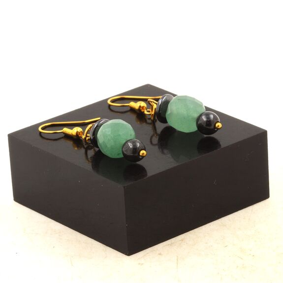 Golden Stainless steel Earrings Aventurine 8.5-9 mm faceted cube shape 1 Bead + 2 Hematite Beads 6 and 8 mm.