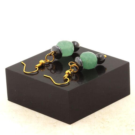 Golden Stainless steel Earrings Aventurine 8.5-9 mm faceted cube shape 1 Bead + 2 Hematite Beads 6 and 8 mm.