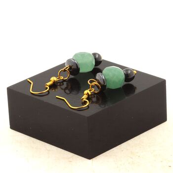 Golden Stainless steel Earrings Aventurine 8.5-9 mm faceted cube shape 1 Bead + 2 Hematite Beads 6 and 8 mm.