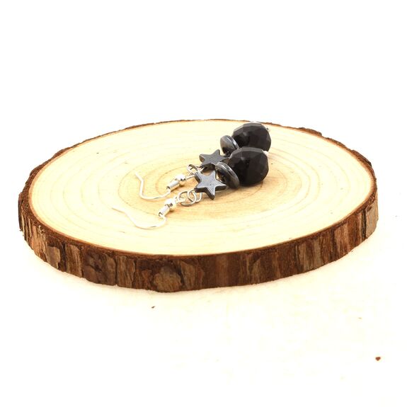 Stainless steel Earrings Schorl Tourmaline 8.5-9 mm faceted cube shape 1 Bead + 2 Hematite Beads 8 mm.