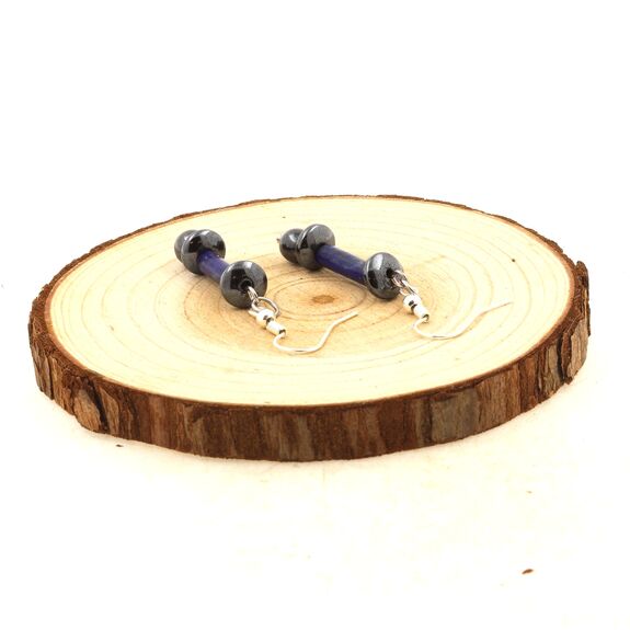 Stainless steel Earrings Lapis Lazuli 4x13mm cylinder shape 1 Bead + 3 Hematite Beads 6 and 8 mm.