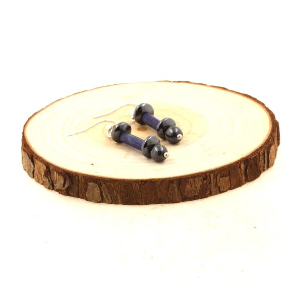 Stainless steel Earrings Lapis Lazuli 4x13mm cylinder shape 1 Bead + 3 Hematite Beads 6 and 8 mm.