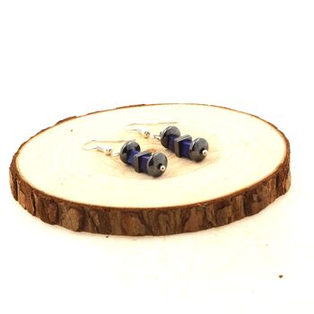 Stainless steel Earrings Lapis Lazuli 4x4mm square shape 2 Beads + 4 Hematite Beads 6 and 8 mm.