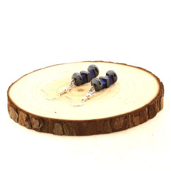 Stainless steel Earrings Lapis Lazuli 4x4mm square shape 2 Beads + 4 Hematite Beads 6 and 8 mm.