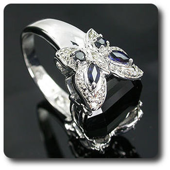 BLACK ONYX , BLUE SAPPHIRE & DIAMOND RING