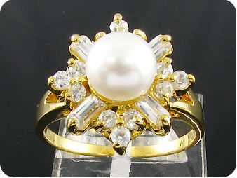 8mm White Cultured Pearl White Topaz Gold Ring