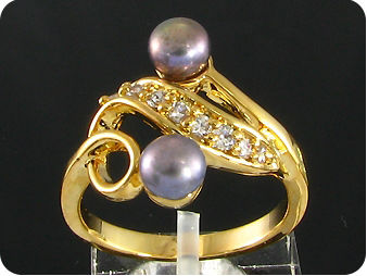 2x6mm Black Cultured Pearl White Topaz Gold Ring