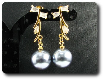 2x12mm Black Fresh Water Pearl Topaz Gold Earrings