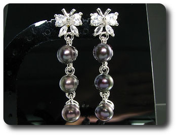 6x6mm Black Fresh Water Pearl White Topaz Earrings