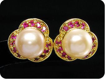 2x9mm Creamy Fresh Water Pearl Red Ruby Gold Earrings