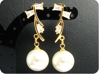 2x12mm White Fresh Water Pearl Topaz Gold Earrings