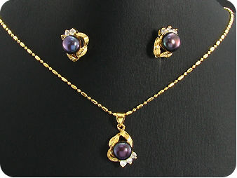 3x8mm Black Pearl Topaz Gold Pendant Earrings Set