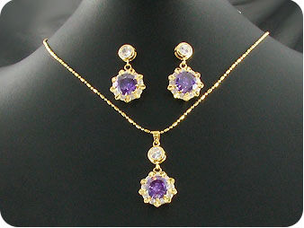3x12mm Purple Amethyst Topaz Gold Pendant Earrings Set
