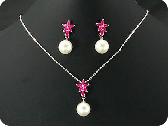12mm Pearl 18x5mm Red Ruby Pendant Earrings Set