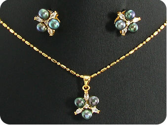 9x6mm Black Pearl Topaz Gold Pendant Earrings Set