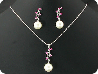 12mm White Pearl 15x2mm Red Ruby Pendant Earrings Set